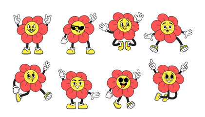 Obraz premium Cartoon Groovy Retro Flowers Emoji Exudes Vibrant Nostalgia, Featuring Stylized Weird Blossoms Reminiscent Of The 60s