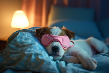 Cute puppy sleeping in bed and wearing pink sleeping mask