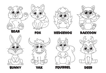Cartoon Forest Animal Characters Outline Monochrome Vector Icons Set. Cute Bear, Fox, Hedgehog and Raccoon, Bunny, Yak