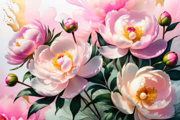 Obraz na płótnie Canvas Delicate watercolor peonies flowers and green leaves.