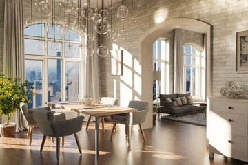 dining room interior design; contemporary luxurious design ideas and concepts; glas hanging lamps on ceiling and panoramic big city skyline view; 3D rendering