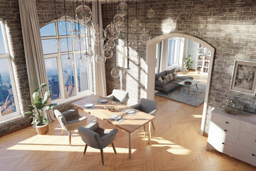 dining room interior design; contemporary luxurious design ideas and concepts; glas hanging lamps on ceiling and panoramic big city skyline view; 3D rendering