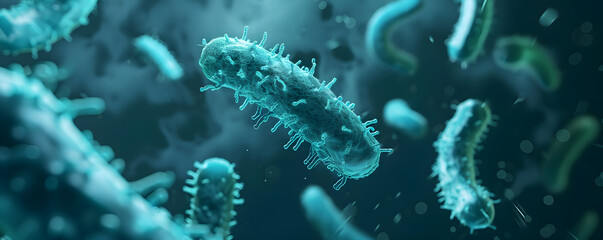 Abstract 3d banner of floating bacteria, microbes, virus cells on blurred blue background with copy space. Close up render of covid, flu, infection disease. Сoncept for hospitals, clinics, medicine.