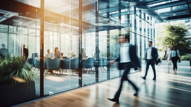 Motion Blur Of Energetic Business People Walking Through Hall