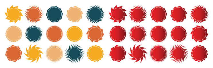 Set of circles with zigzag edges. Labels, stickers, badges, stamps round shapes. Star or sunburst icons isolated on white background. Stitched zig-zag circle collection in gradient color. 11:11 