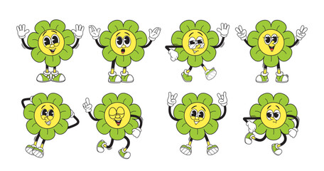 Obraz premium Groovy Retro Flowers Emojis. Cartoon Vibrant Burst Of Nostalgic Charm, Blending Funky Colors And Whimsical Petals