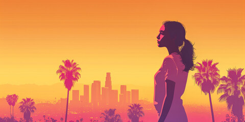 African American woman silhouette illustration over a city skyline