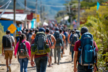 Illegal migrants crossing border. Refugees on country border. Immigration problem in USA.  Migration concept. Generated AI
