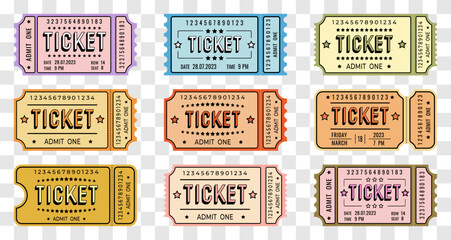 Set of colored retro admit one tickets, vector, template for cinema, film, exhibition, club, circus.