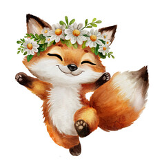 Cute funny little fox in a flower wreath with daisies is jumping. Watercolor illustration isolated on transparent background