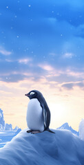 Beautiful baby pinguin standing on the ice in sunset. Natural concept.