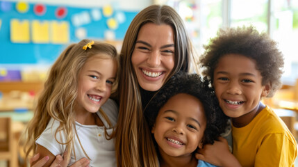 female teacher is being hugged joyfully by two young children