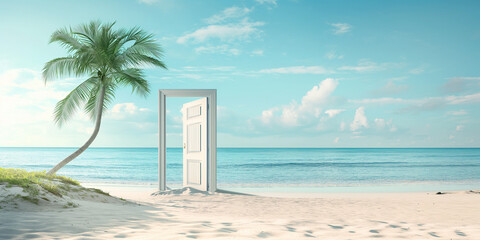A white door on a sandy beach next to palm trees and azure sea, the concept of simply travelling open door to anywhere in the world