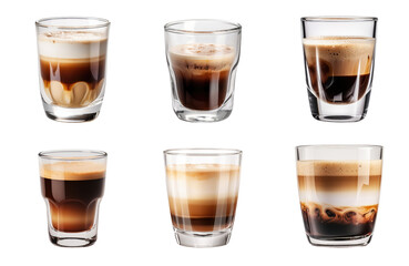 Collection of A striking image capturing espresso shots in a glass, set against a pristine white background, emphasizing the rich, dark tones of the coffee. Transparent background, PNG