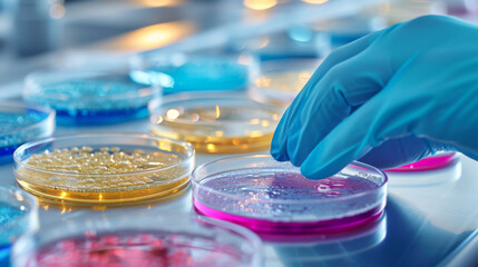 Close-up view of a scientist's gloved hand selecting a petri dish with colorful bacterial colonies from a group of samples on a laboratory bench.