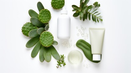 Obraz na płótnie Canvas Flat lay composition of cactus skin care product and cactus plant on white background. Cactus Concentrate Beauty Cream. Natural organic cosmetics with cactus extract. Sustainable 