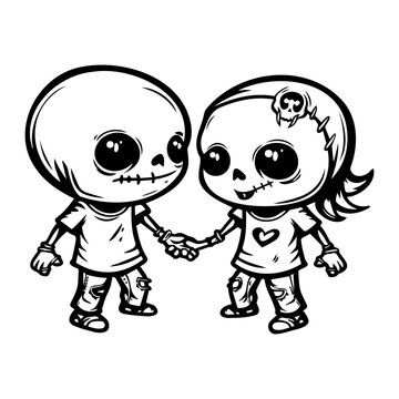 two cute Zombies holding hands and skipping