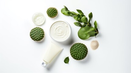Flat lay composition of cactus skin care product and cactus plant on white background. Cactus Concentrate Beauty Cream. Natural organic cosmetics with cactus extract. Sustainable 