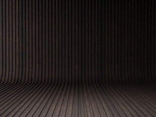 Acoustic dark wooden room, pattern background template, 3d illustration.