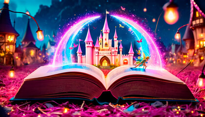 Pages of Magic Book: Castle and Fairy. - obrazy, fototapety, plakaty