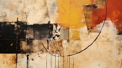 Abstract mixed-media artwork, combining various materials to create a textured and layered composition