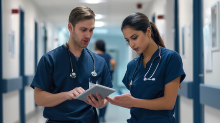medical professionals, a male and a female, are attentively looking at a digital tablet in a hospital corridor