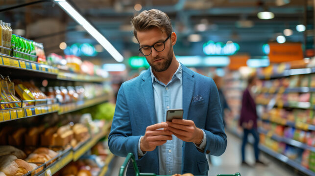 man in a blue blazer and glasses is using his smartphone while shopping in a grocery store
