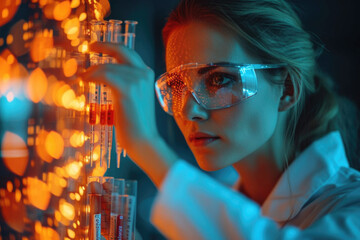 female scientist holding medical testing tubes or vials of medical pharmaceutical research with blood cells and virus cure using DNA genome sequencing biotechnology as wide banner hologram  