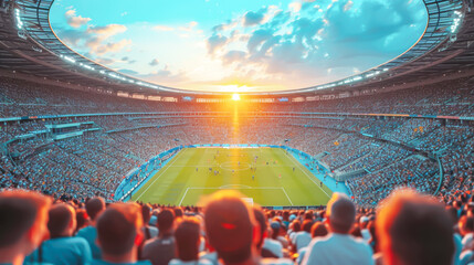 Spectators are engulfed in captivating atmosphere of sports stadium, with a stunning sunset framing intense match below, ideal for showcasing spirit and communal passion of sporting competitions
