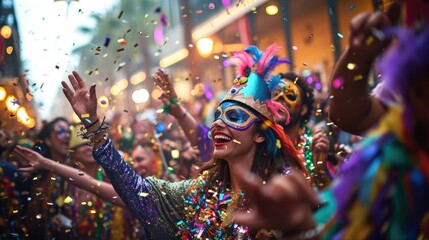 Vibrant Mardi Gras parade with a crowd of people celebrating in the streets, wearing colorful costumes and masks,