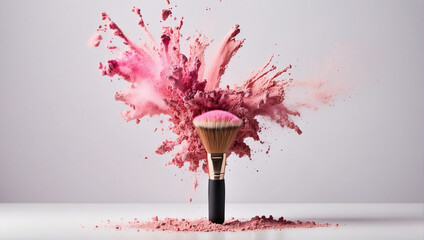Make-up brush with pink powder explosion on white background