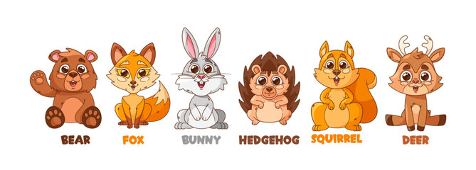 Whimsical Cartoon Forest Animal Characters. Cute Charming Bear, Fox, Hedgehog and Bunny, Squirrel or Deer Personage