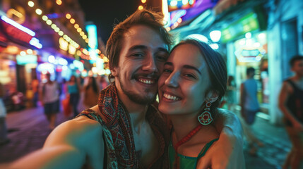 selfie of a young couple embracing and smiling joyfully at the camera with bright city lights