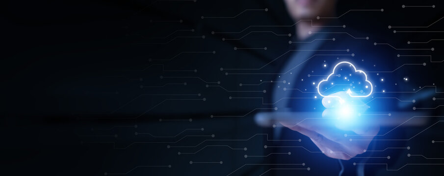 Business person use cloud computing holographic. Cloud technology. Data storage. Networking and internet service to softwares in business and sharing data management to customer business partner file.
