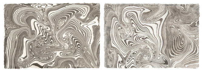 original authentic suminagashi traditional Japanese sumi ink marbling on handmade paper, grainy floating ink marbled paper texture and pattern, organic Asian wabi-sabi cards or backgrounds, isolated