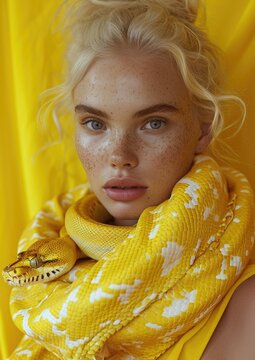 Portrait of a model with light blonde hair in a relaxed pose with a yellow python wrapped around her neck and shoulder.