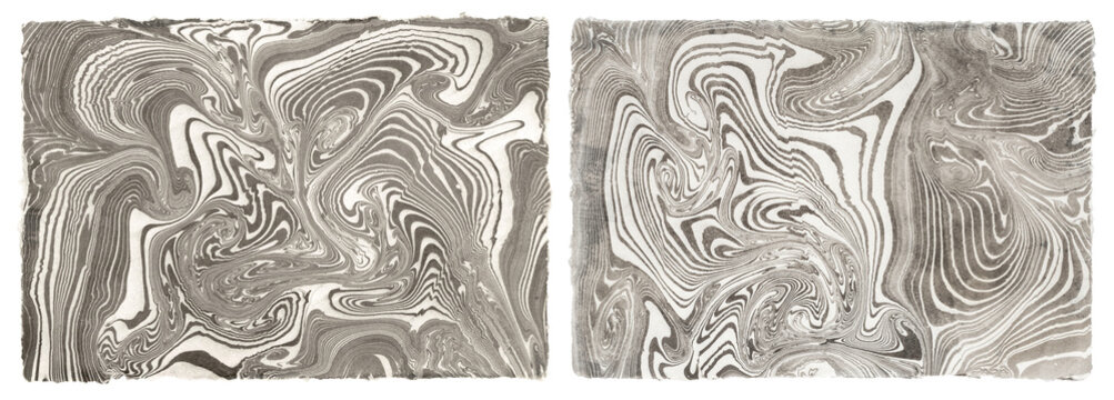 original authentic suminagashi traditional Japanese sumi ink marbling on handmade paper, grainy floating ink marbled paper texture and pattern, organic Asian wabi-sabi cards or backgrounds, isolated