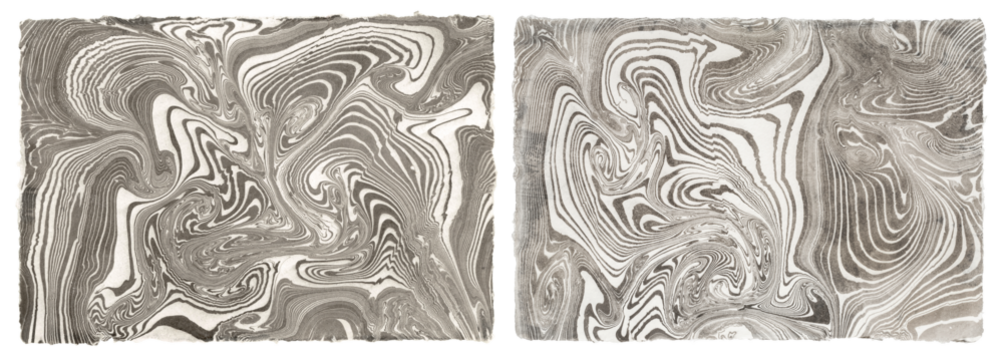 original authentic suminagashi traditional Japanese sumi ink marbling on handmade paper, grainy floating ink marbled paper texture and pattern, organic Asian wabi-sabi cards or backgrounds, isolated