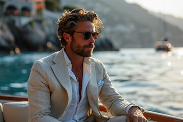 A lone figure, adorned in a crisp suit and sunglasses, sits calmly on a boat as the water gently rocks beneath him, a stoic expression on his face and goggles ready for any adventure