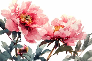 Watercolor flowers, pink peonies on light background