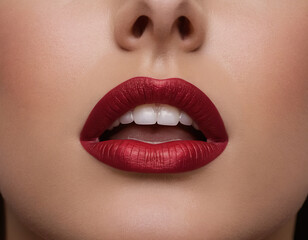 Close-up of a woman red lips, slightly parted, showcasing lipstick application.