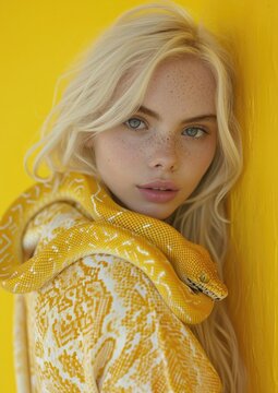 Portrait of a model with light blonde hair in a relaxed pose with a yellow python wrapped around her neck and shoulder.
