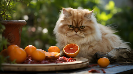 Cat eats fresh orange fruit