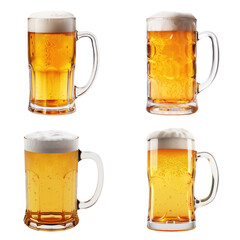Showcasing Collection of perfectly poured mug of beer, with rich foam, set against a stark white background - ideal for advertising and promotional material. Transparent background, PNG