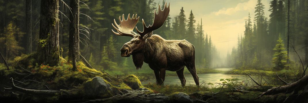 Illustration of an Moose (Alces alces) in a forest © Alicia