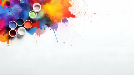 A colorful paint splatter background with paint buckets and copyspace - 16:9