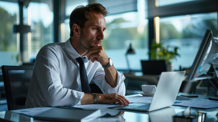 Man smiling while working on a laptop in a modern office environment