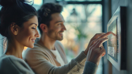 young couple interacting with a smart home control panel mounted on a wall