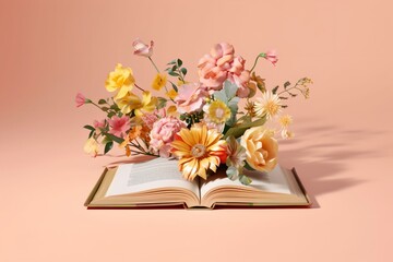 Open book with flowers growing out of it's pages, concept flourishing knowledge