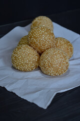 Sesame seed balls or Onde-onde is one of Indonesian traditional snack, made from flour  and sugar with green beans paste inside. Onde-onde can be found in the traditional market.
